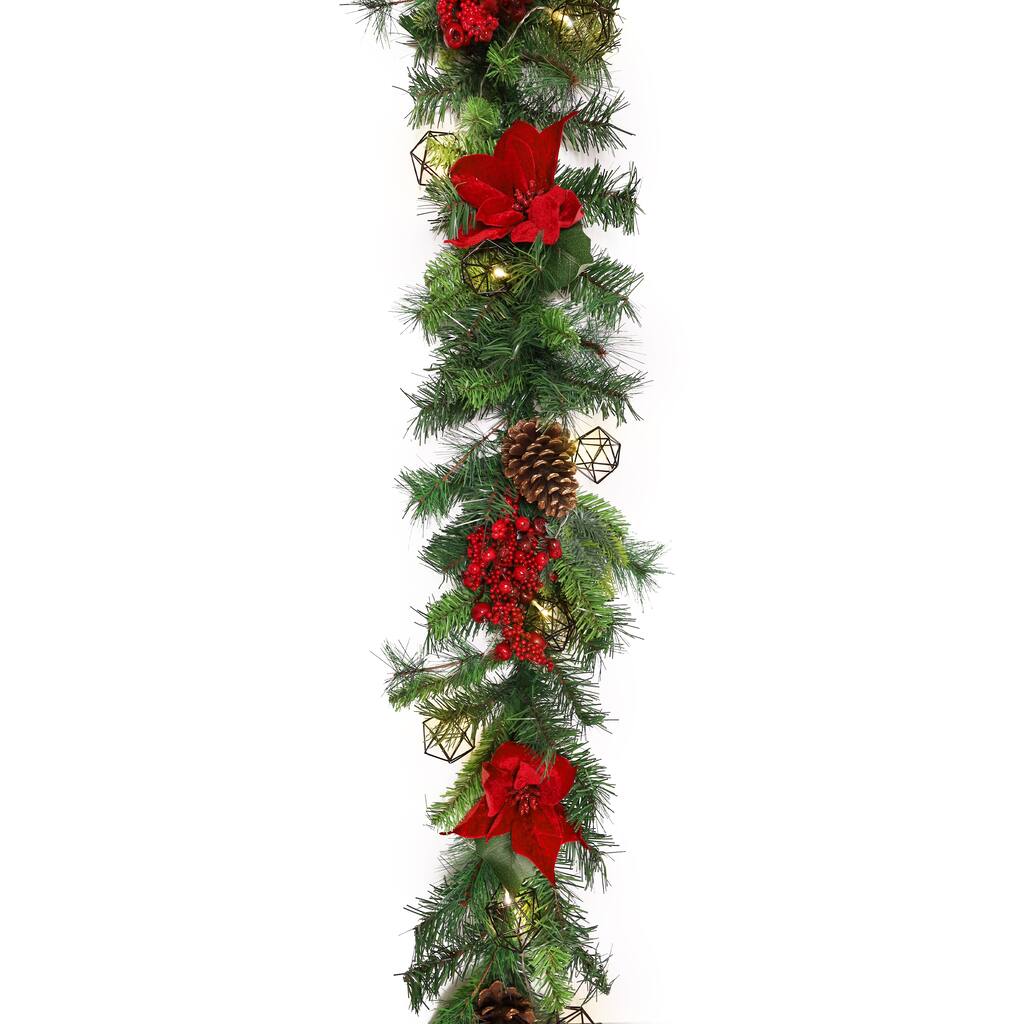 6ft Artificial Mixed Velvet Poinsettia Berry Pine Cone & Pine Christmas Garland with Geometric Octagon String Light Set
