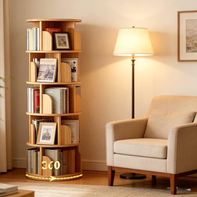 Rotating Bookshelf, 360 Display 5 Tier, Floor Standing Bookcase Storage Rack, Wood Narrow Book Shelf Organizer