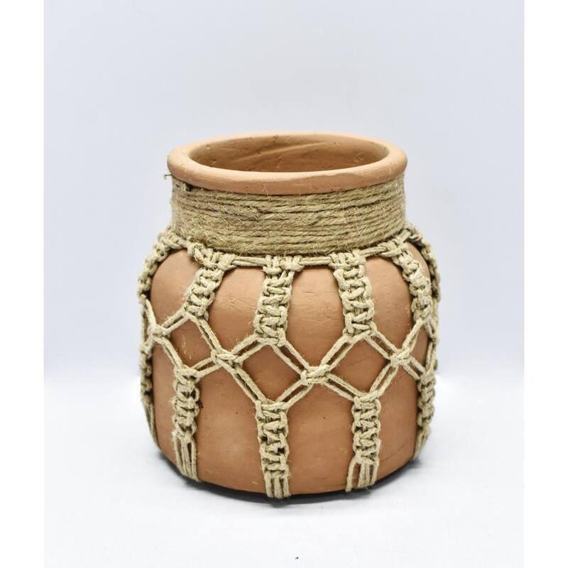 Small Mud Mason Jar Vase with Jute Rope - 6.5" - Camel Brown