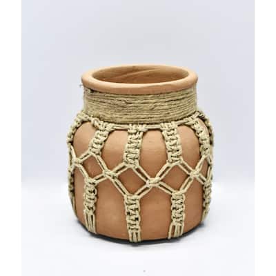 Small Mud Mason Jar Vase with Jute Rope - 6.5" - Camel Brown
