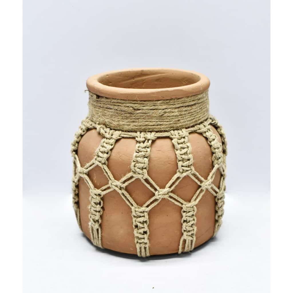 Small Mud Mason Jar Vase with Jute Rope - 6.5" - Camel Brown