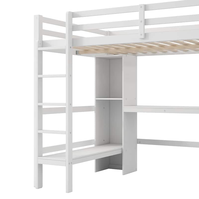 Full Size Loft Bed with Multifunction Shelves and Under-Bed Desk, Gray