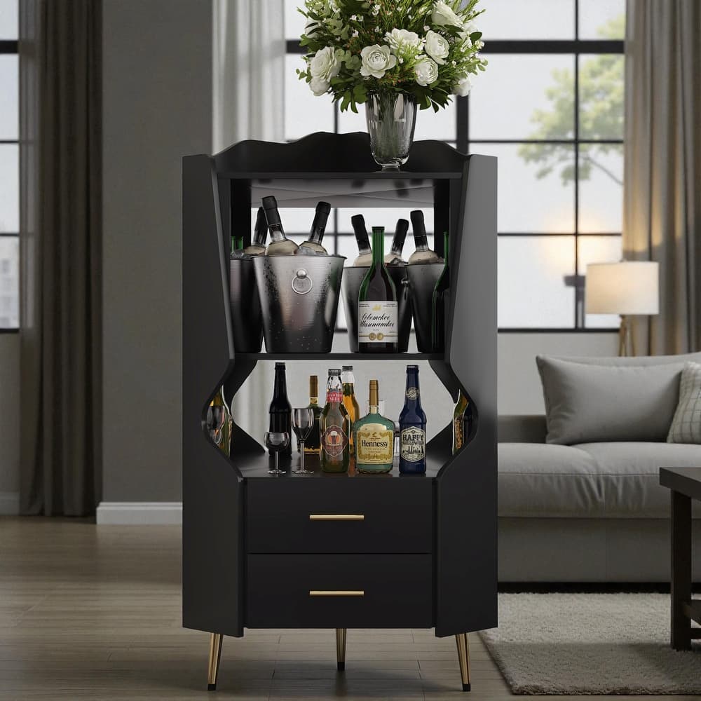 Modern Wooden Corner Bar Cabinet with Mirrored Back, 2 Drawers and Open Shelves, Buffet Sideboard for Dining or Living Room