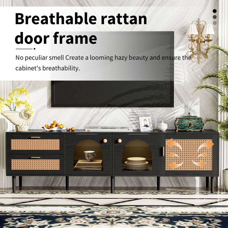Modern Media Console with Rattan Design, LED Lights & Storage for TVs up to 80" - Living Room & Bedroom TV Stand