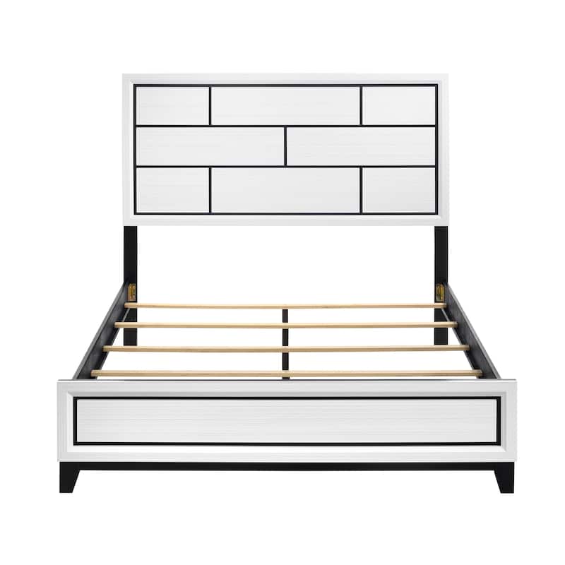King Size Wood Panel Bed with Black Line Design and Upholstered Headboard