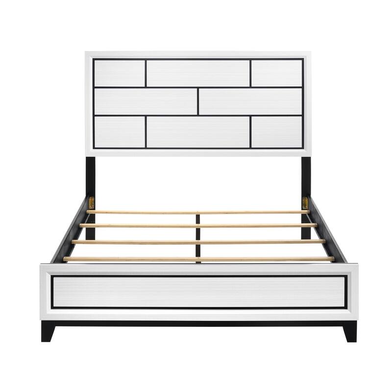 Modern White Queen Bed with Black Line Design, Wooden Bedroom Furniture