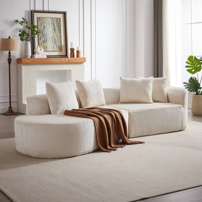 Curved Upholstered Loveseat Sofa Chenille Cloud Couch 4-Seater Chaise Lounge with 4 Throw Pillows for Living Room Recliner - Beige - Right Facing