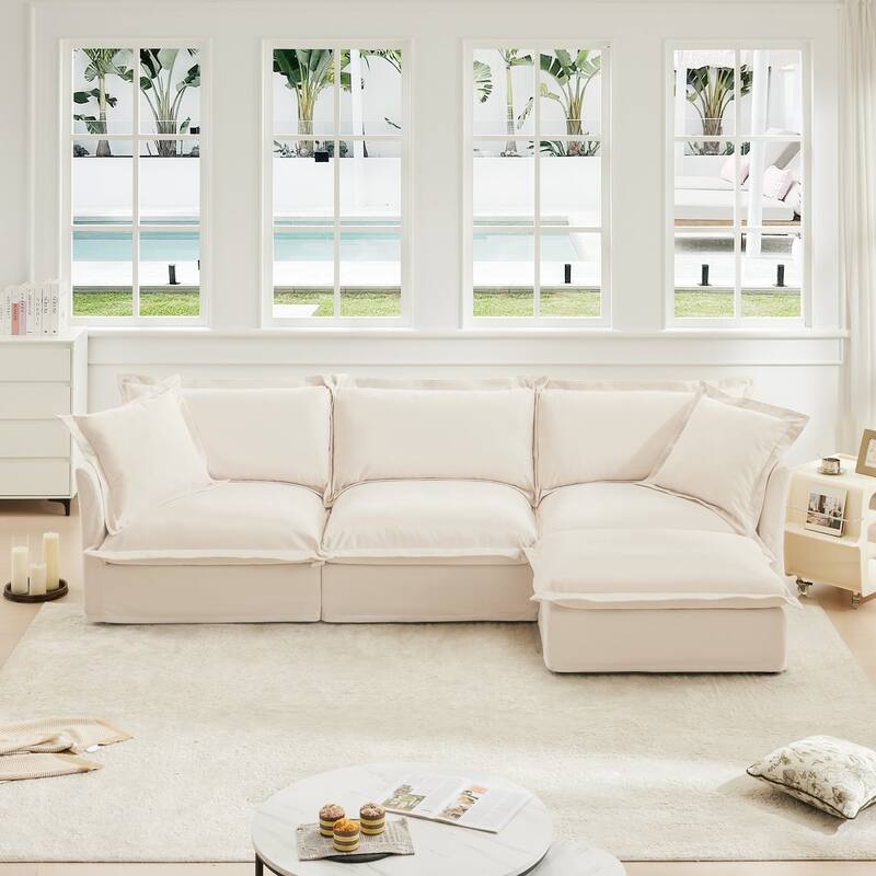 Modern 3 Seater Upholstered Sofa with 1 Ottoman and 2 Pillows