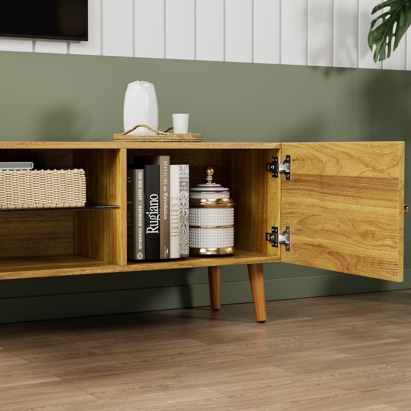 Brown Oak 69" TV Stand with Three-door Design, 2 Cabinets and Open Shelves for TVs Up to 70"
