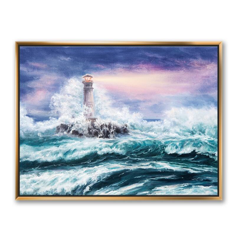 Designart "Lighthouse Wild Blue Ocean Waves" Nautical & Coastal Framed Canvas Wall Art Print