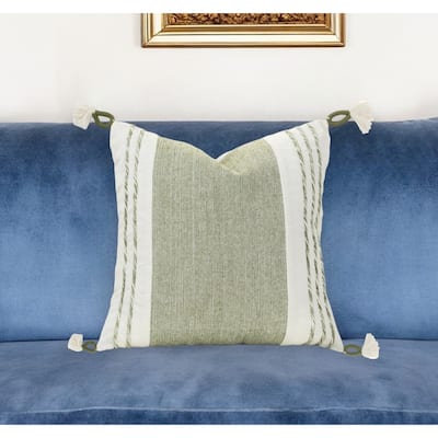 HomeRoots 20" Green and White Color Block Cotton Throw Pillow With Tassels