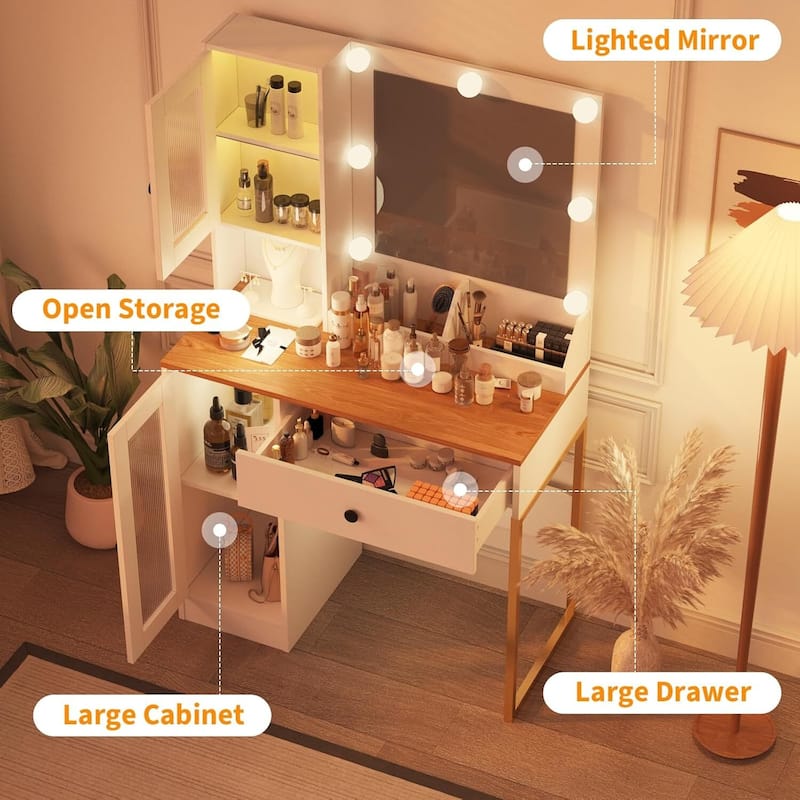 Vanity Desk, Makeup Dressing Table with LED Lights, Mirror, Built-in Outlets & USB Ports