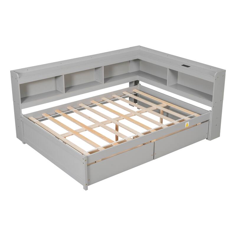 Full Size L-shaped Bookcases Bed with Power Outlets, USB Charging Ports