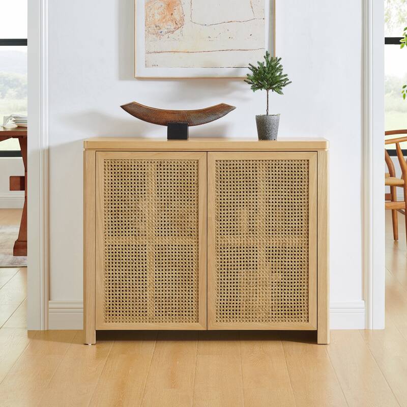 Mid Century Modern Rattan Sideboard Buffet Cabinet with 2 Outlet Holes - Natural