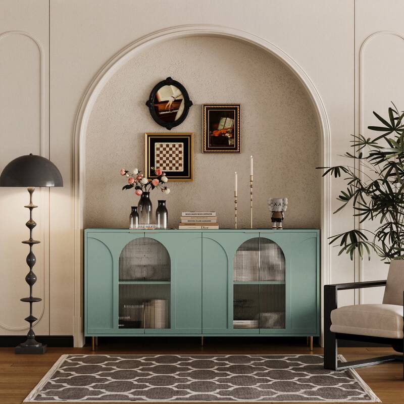 59.8" Mint Green Lacquered Wooden Cabinet with 4 Glass Doors - 59.8 inches L x 15.7 inches W x 33.7 inches H