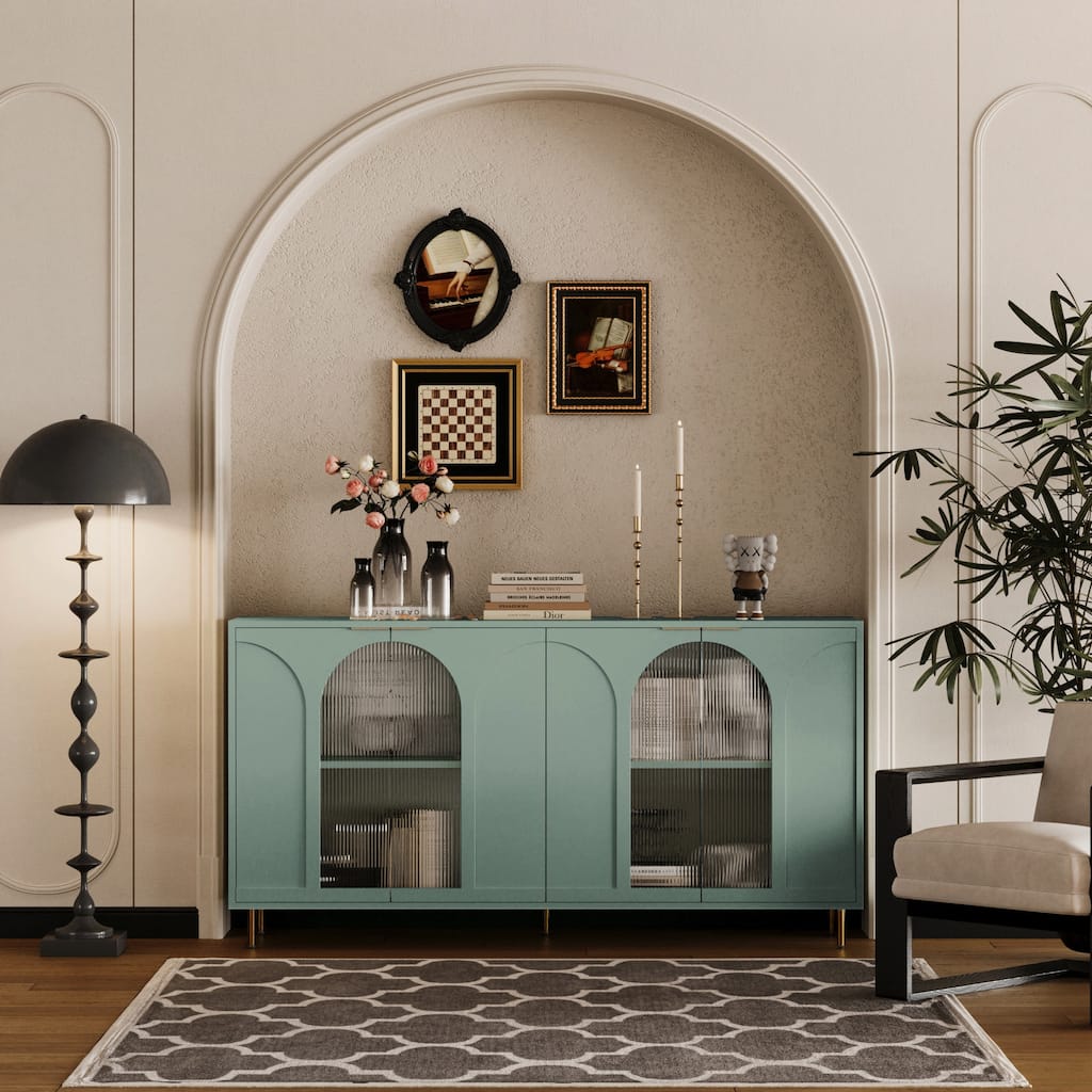 59.8" Mint Green Lacquered Wooden Cabinet with 4 Glass Doors - 59.8 inches L x 15.7 inches W x 33.7 inches H