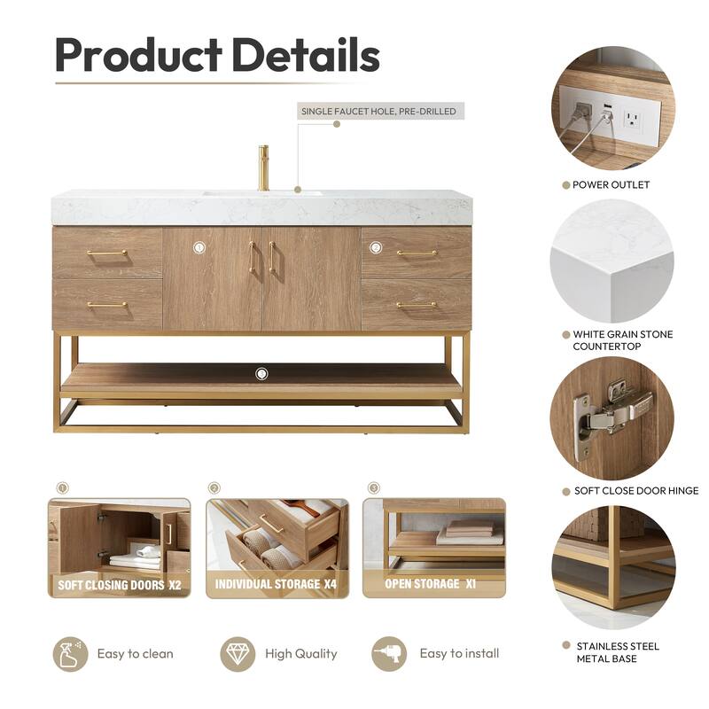 Alistair 60" Single Vanity with White Grain Stone Top and Mirror - 60" x 22"