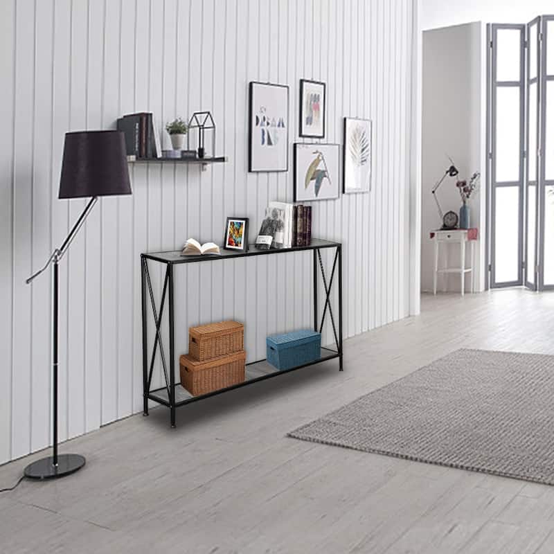 Modern Black Console Table with Steel Frame and Two Shelves for Living Room or Entryway - 43.3" x 9.5" x 28.7" (L x W x H)