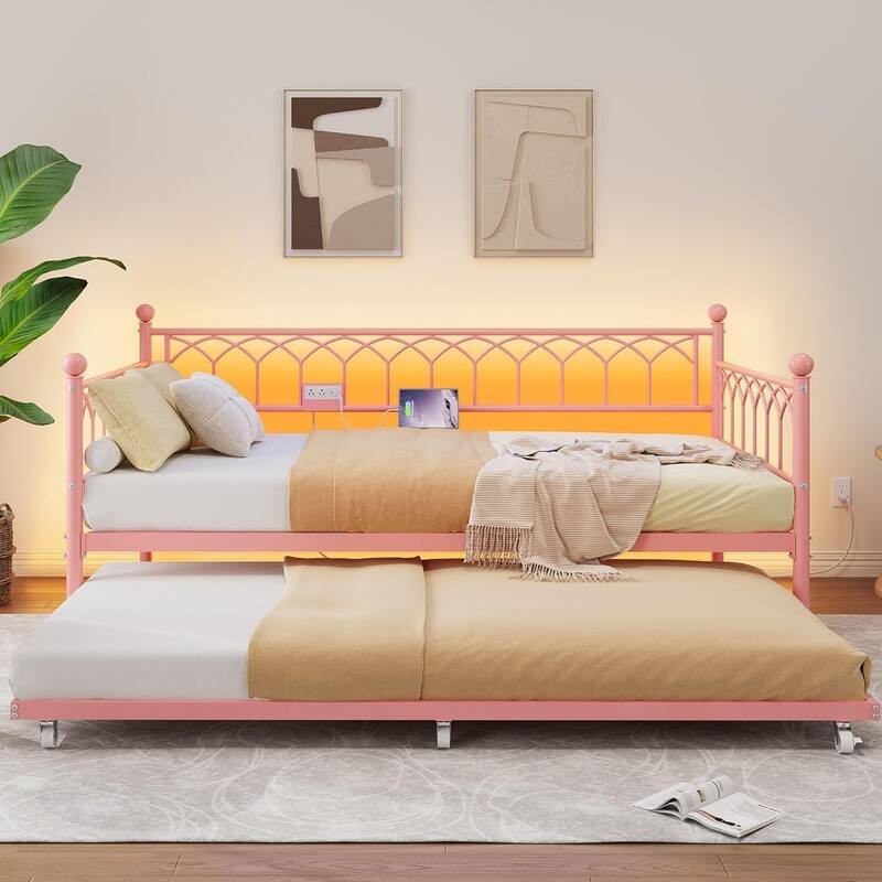 Heavy Duty Daybed, Twin Size Platform Sofa Bed Frame Set with Charging Station - Pink