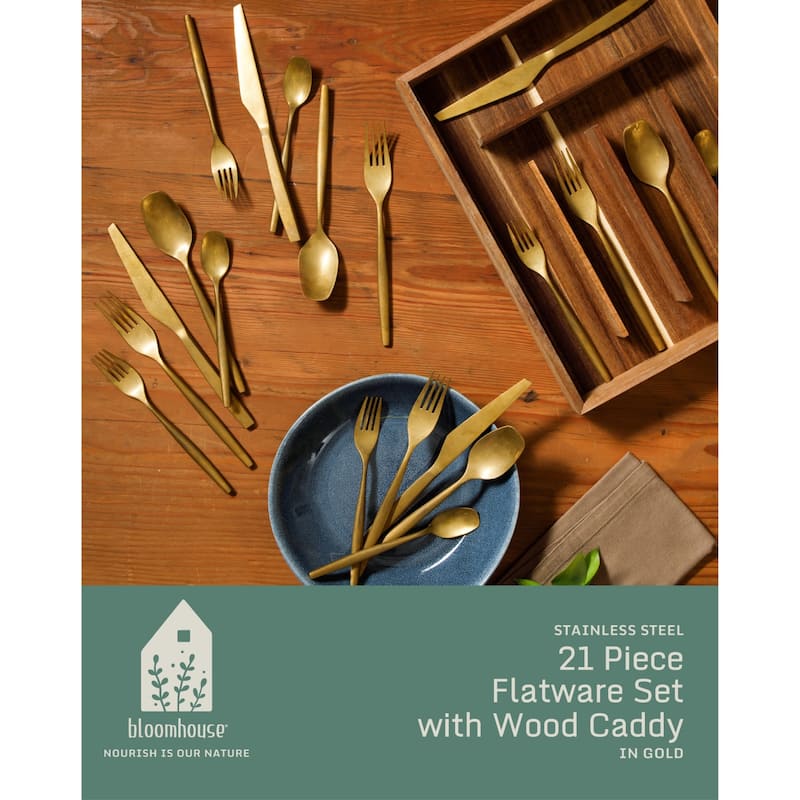 Bloomhouse 20 Piece Flatware 18/10 Stainless Steel Silverware Cutlery Utensil Set With Acacia Wood Caddy - Service for 4