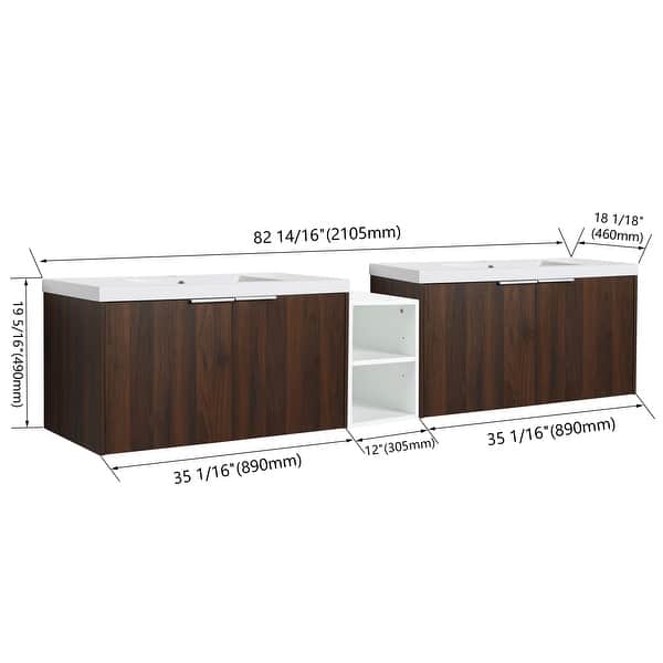dimension image slide 9 of 16, BNK 12/24/36/48/60 Inch Wall-Mounted Bathroom Vanity, Bathroom Cabinet with Doors or Side Shelves