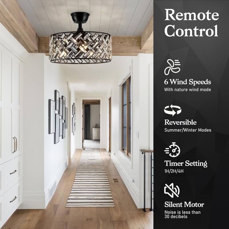 Sofucor 18" Bladeless Crystal Caged Ceiling Fan with Light,Remote,6 Speed Enclosed,Reversible Motor for Bedroom Living Room