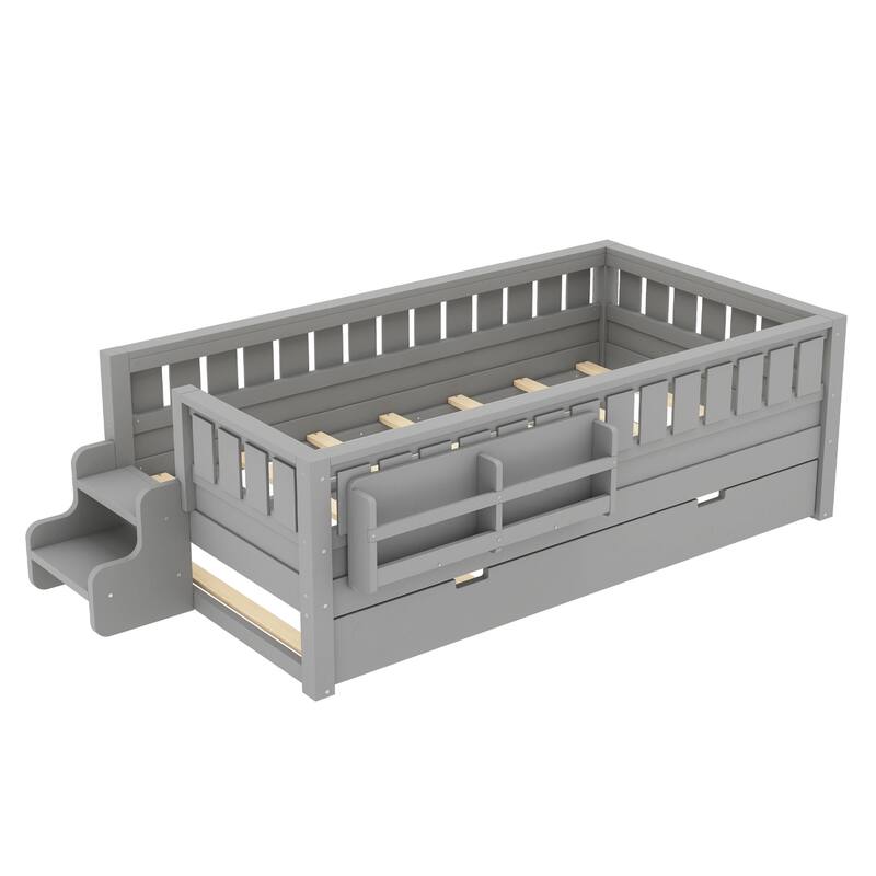 Full/Twin Loft Bed with Bookshelves, Safety Stairs & Trundle