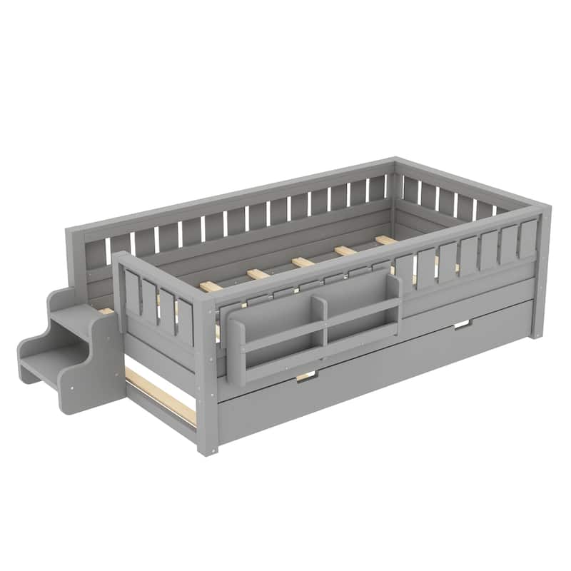 Roomfitters Floor Bed with Bookshelf and Trundle, Low Profile Frame with Step Entry