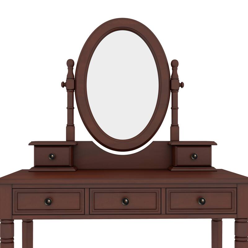 Vanity Desk with Adjustable Angle Mirror, Vintage Vanity Makeup Table and Cushioned Stool Set with 5 Drawers