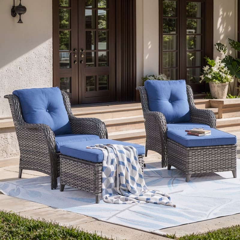 Outdoor Arm Chair with Cushion Rattan Chair - Grey Rattan - Blue Cushion - 4PCS - Patio Chair w/ Ottoman