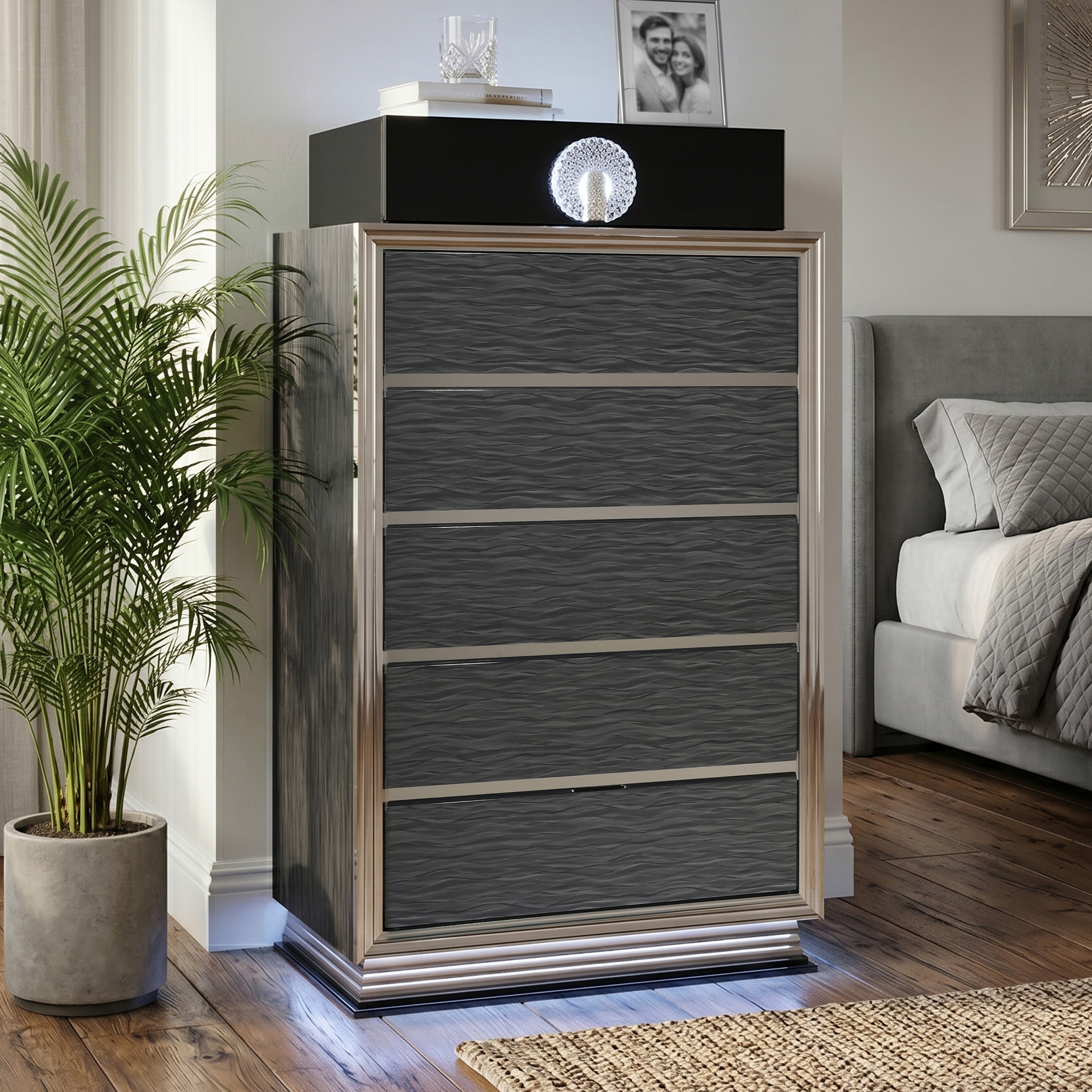 Furniture of America Elvor Modern Charcoal Grey and Black Wood 6-Drawer Chest with LED Light