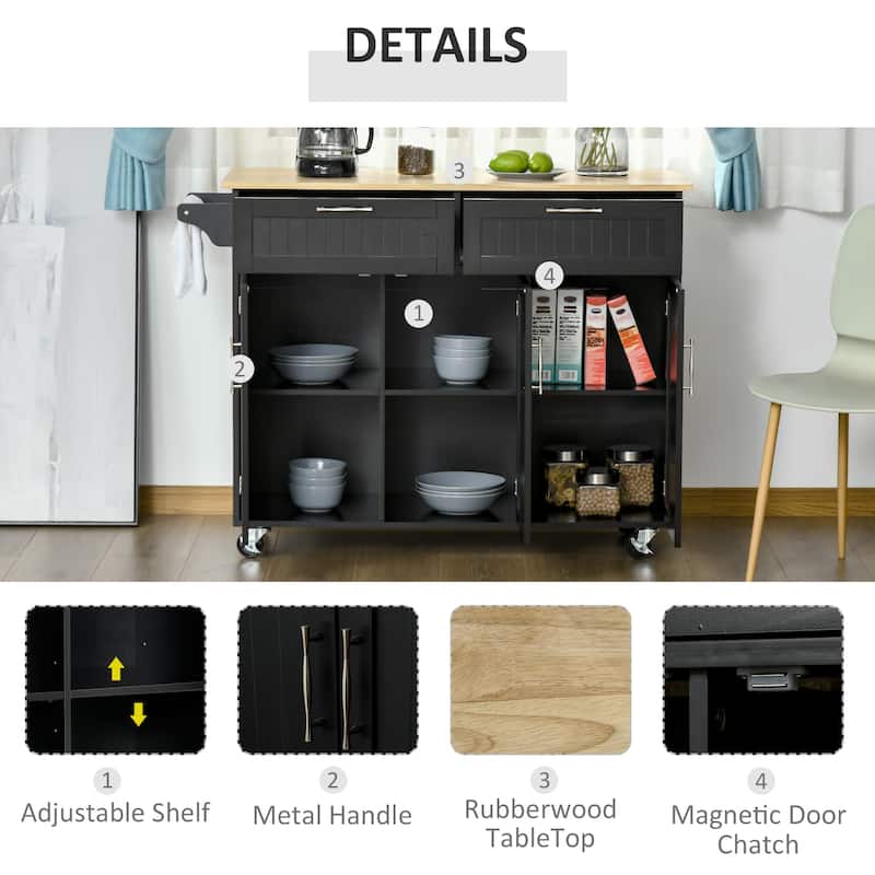 HOMCOM 48" Modern Kitchen Island Cart on Wheels with Storage Drawers, Rolling Utility Cart with Adjustable Shelves, Cabinets