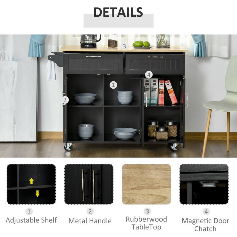 HOMCOM 48" Modern Kitchen Island Cart on Wheels with Storage Drawers, Rolling Utility Cart with Adjustable Shelves, Cabinets