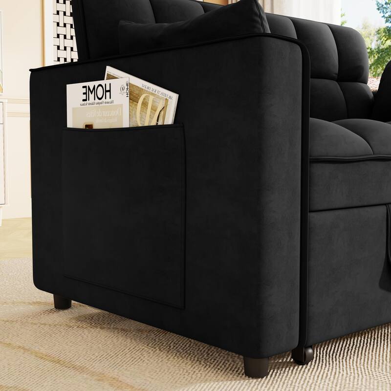 Anmytek Modern Velvet Small Loveseat Pull Out Sleeper Sofa Bed with Pillows and Side Pockets