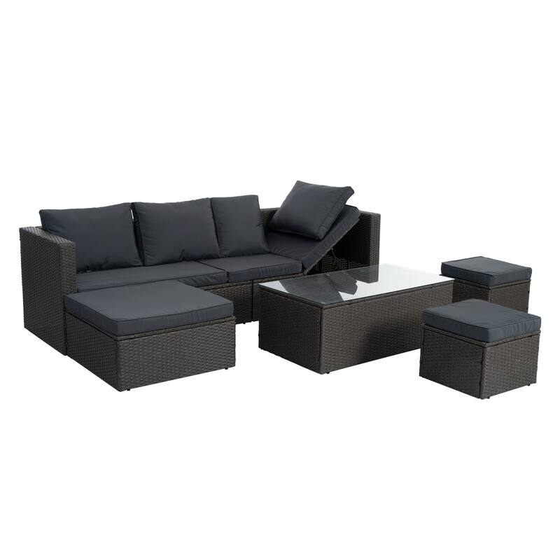 GDFStudio - Modern 7-Piece Outdoor PE Wicker Patio Set with Lounger Sofa, Seats 6
