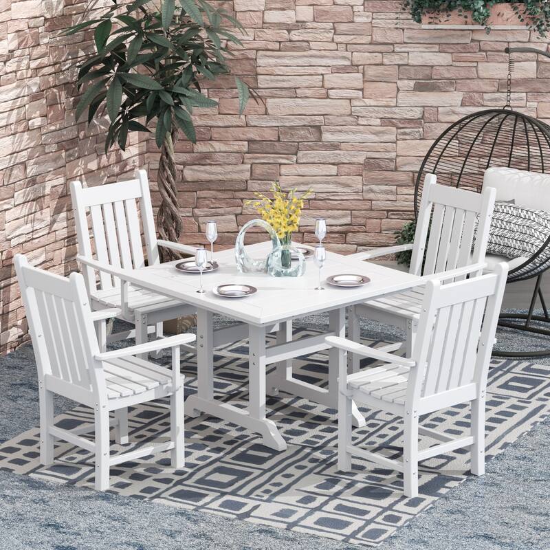 Laguna Hdpe All Weather Outdoor Patio Dining Set with Square Table, Arm Chairs (5-Piece Set) - White