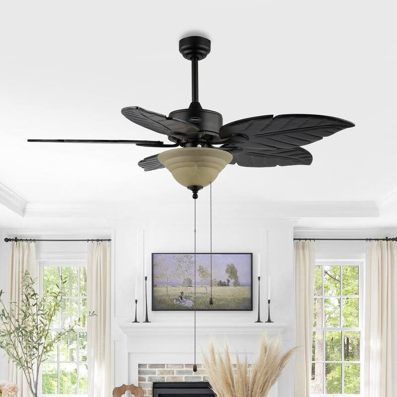 Owen 52" 3-Light Coastal Bohemian Iron/Wood Palm Leaf LED Ceiling Fan with Pull Chain, by JONATHAN Y