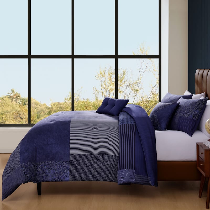 Bebejan Blue Denim Patchwork 100% Cotton Sateen 5 Piece Reversible Comforter Set