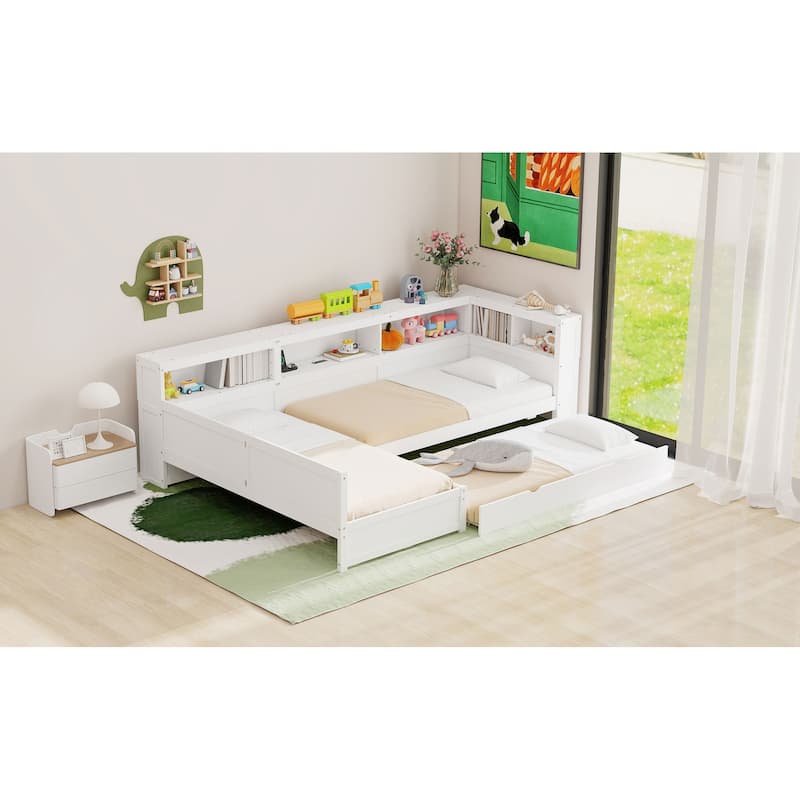 Wood Twin Size L-shaped Platform Bed with Trundle and a Drawer, White