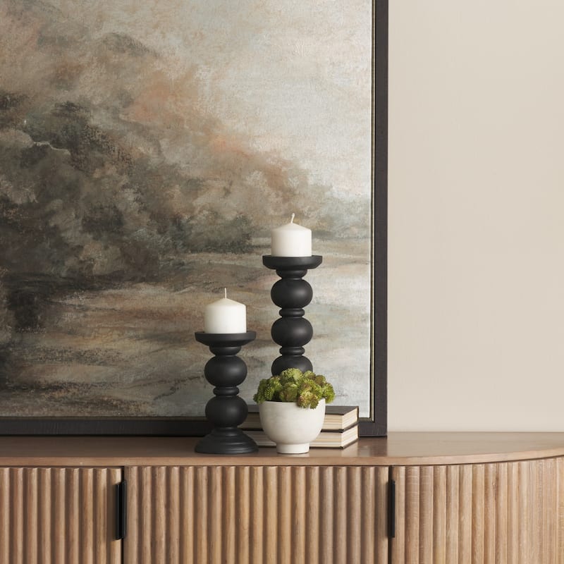 Wanda Matte Black Wood Pillar Candle Holders (Set of 2) - 4.8L x 4.8W x 11.5H