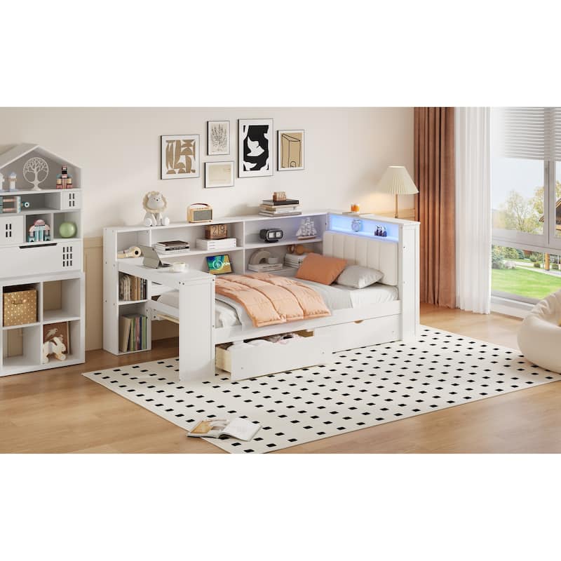Wood Daybed Twin Size Platform Bed with Storage Shelves, Drawers, Charging Station, Desk, LED and Upholstered Cushion Headboard