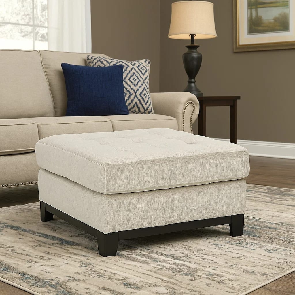 Maxo Accent Ottoman, 36 Inch Square Tufted Seat, Ivory Polyester