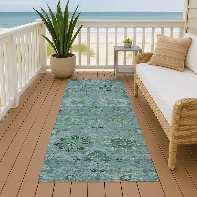 Machine Washable Indoor/ Outdoor Vintage Traditional Chantille Rug - Teal - 2'3" x 7'6"