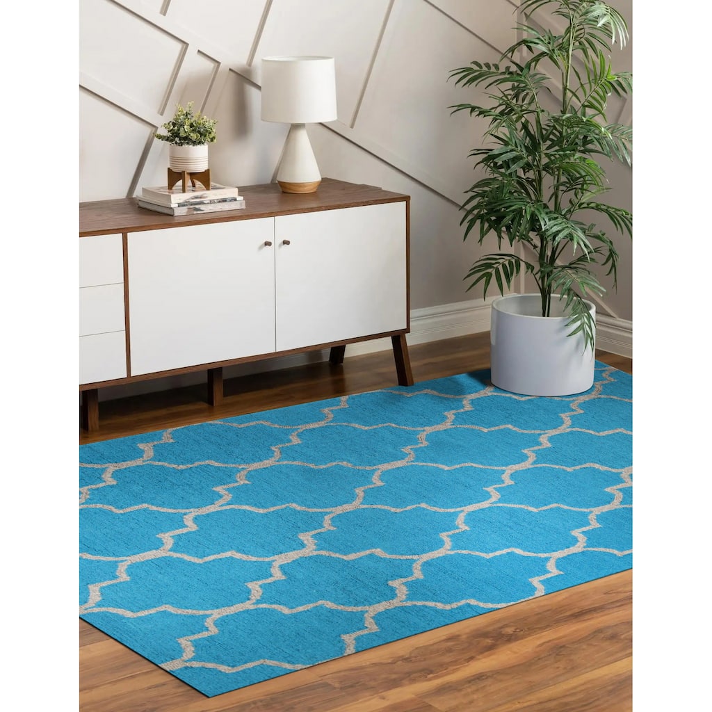 Light Blue Traditional Trellis Geometric Moroccan Area Rug - 5' x 7'