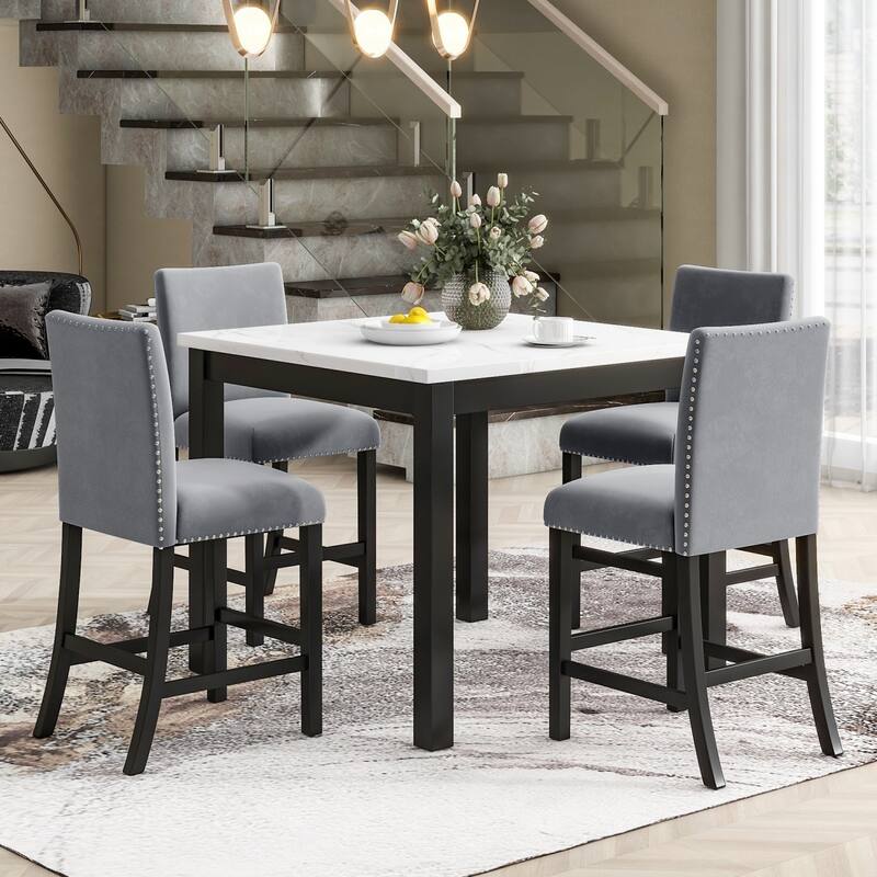 35" Faux Marble Top Dining Table and 4 Velvet Chairs, 5-Piece Dining Set