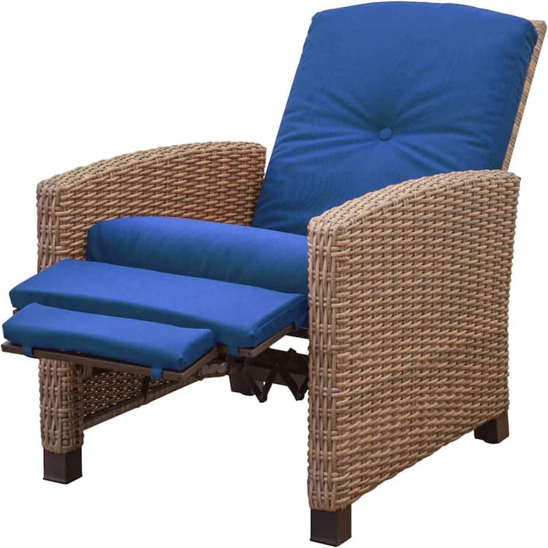 Blue Wicker Outdoor Patio Recliner Chair with Blue Cushion，1 Chair - N/A