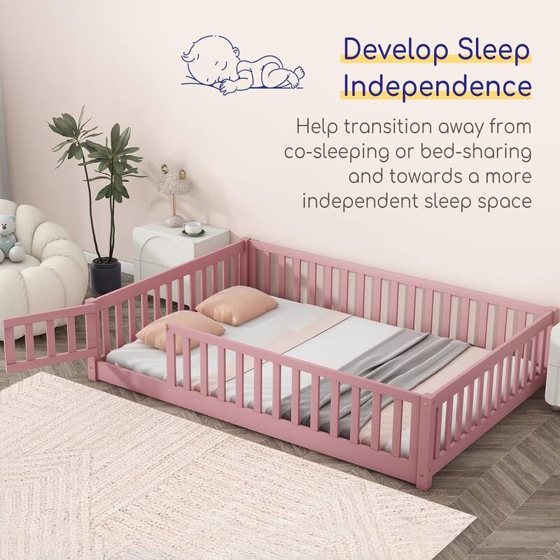 Twin/Full/Queen Size Floor Bed with Safety Guardrails, Toddler Floor Bed for Girls and Boys