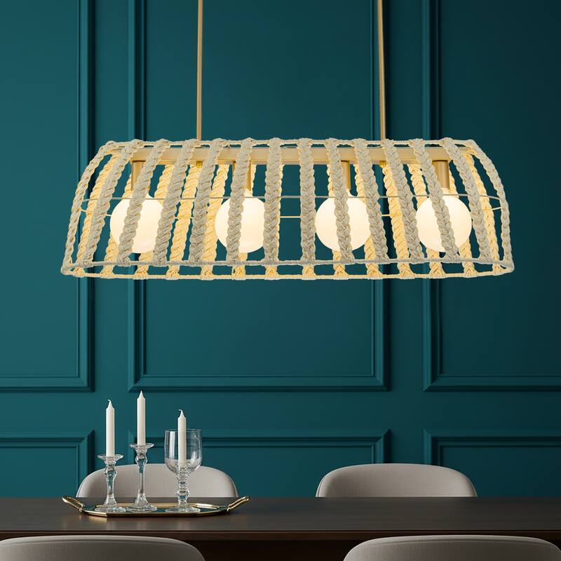 Roka 4-Light Rattan Linear Pendant, Coastal Boho - Handwoven - 38" Wide