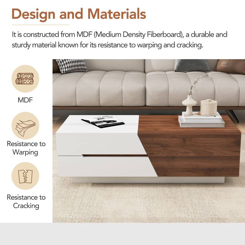 Modern Extendable Sliding Top Coffee Table with Hidden Storage and Drawers