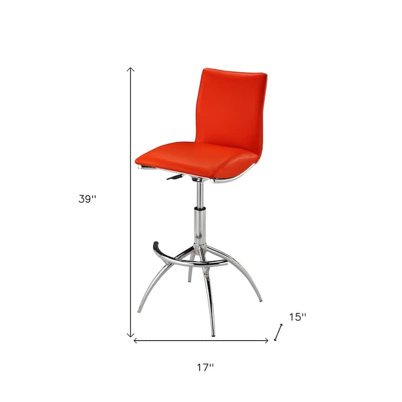 Set of Two Red And Silver Faux Leather And Metal Low Back Adjustable Height Bar Chairs